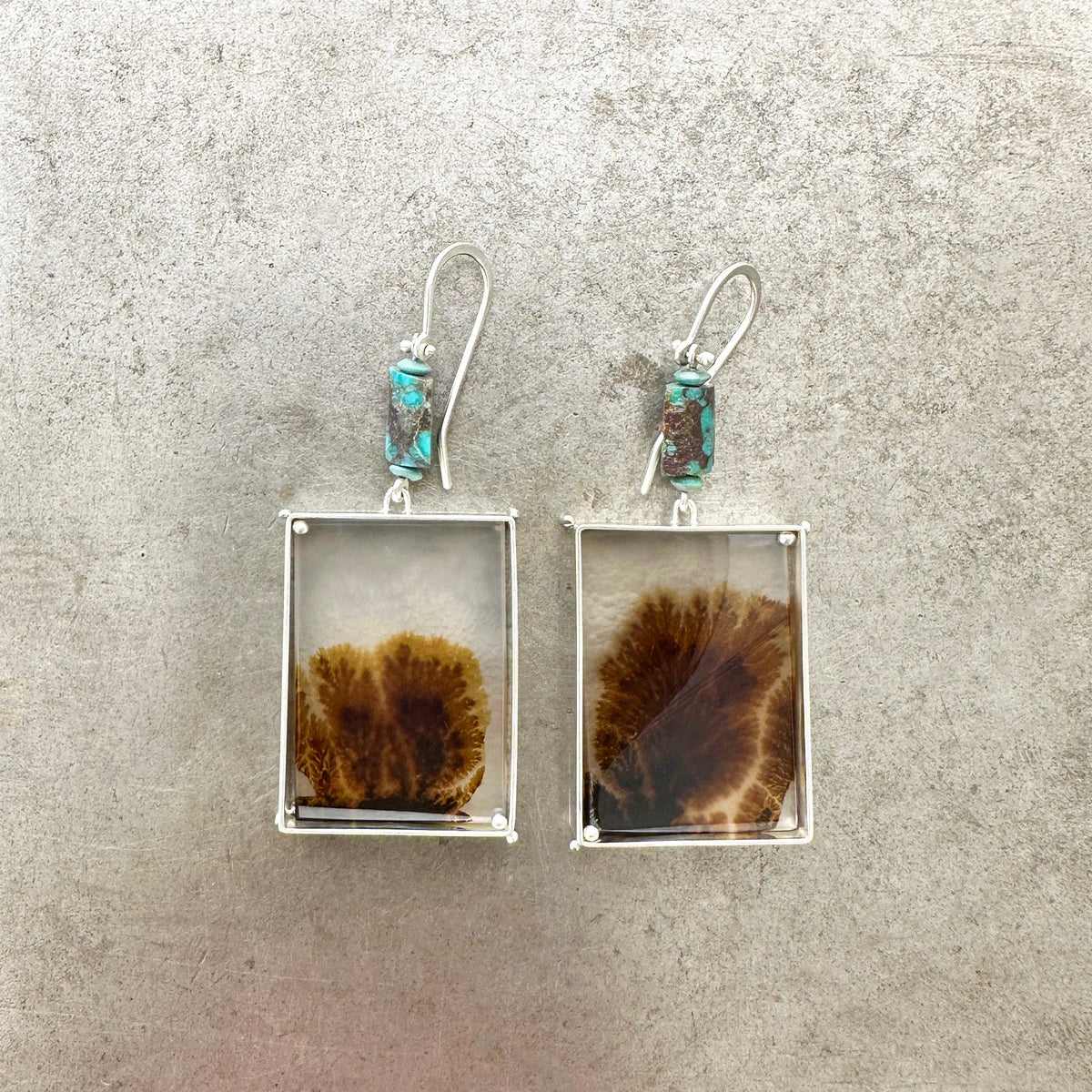 dendritic agate silver earrings with persian turquoise beads