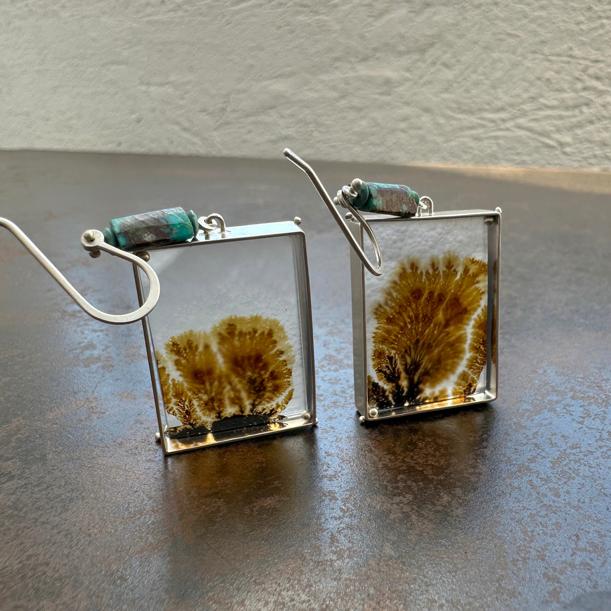 dendritic agate silver earrings with persian turquoise beads