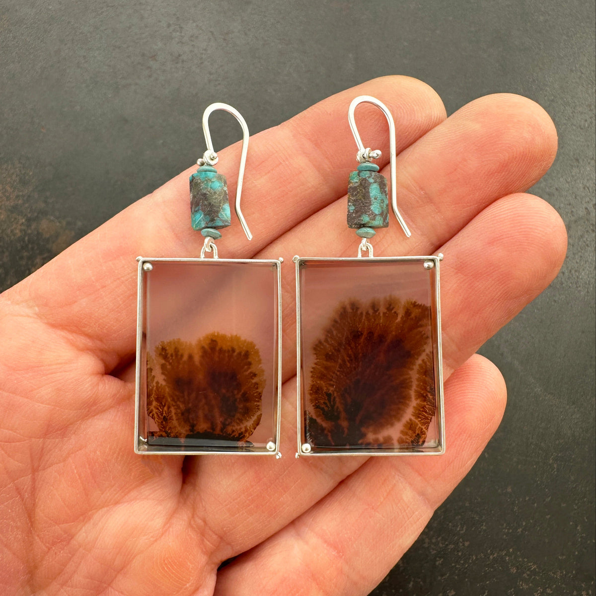dendritic agate silver earrings with persian turquoise beads