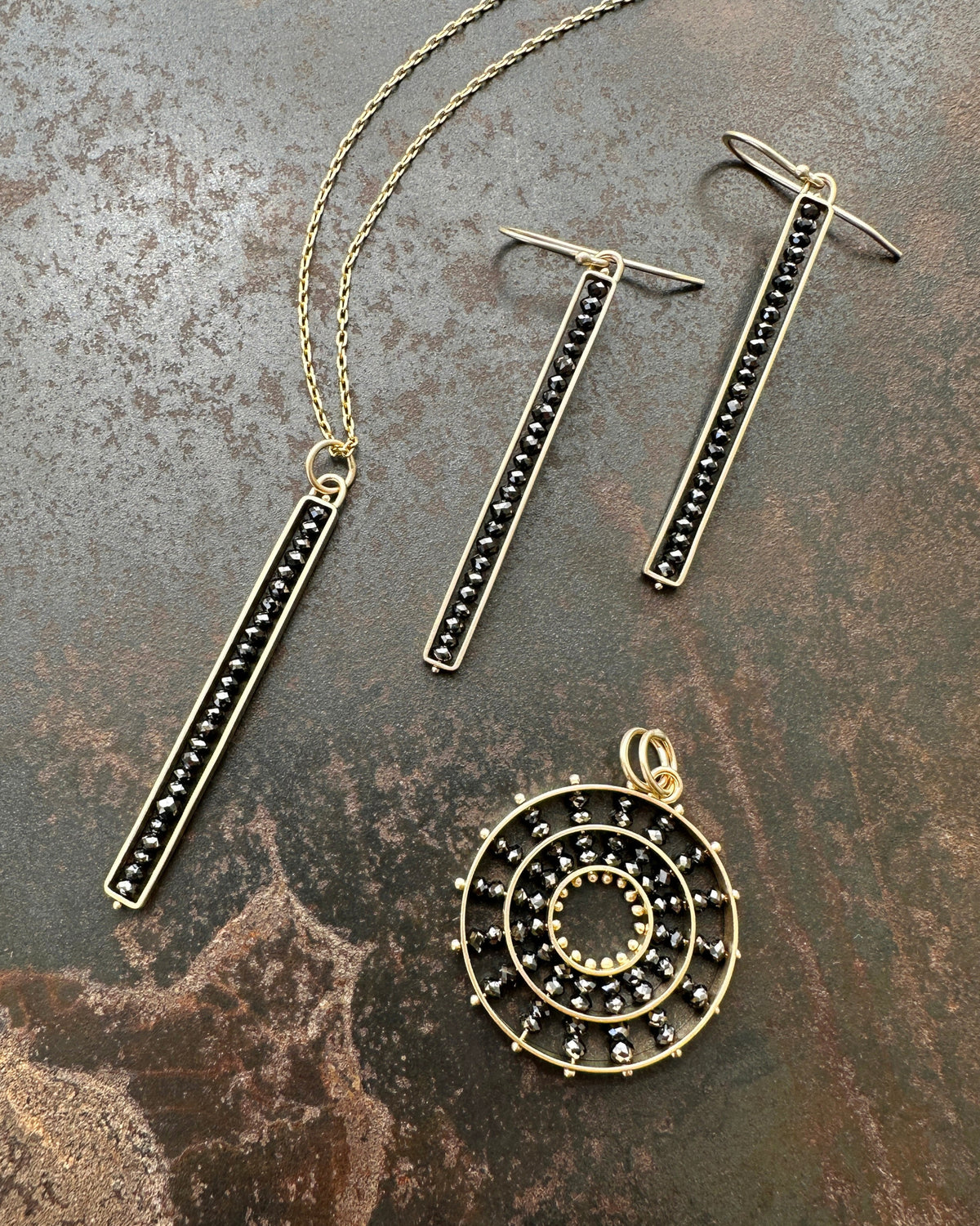 Black Diamond Beaded Stick Earrings