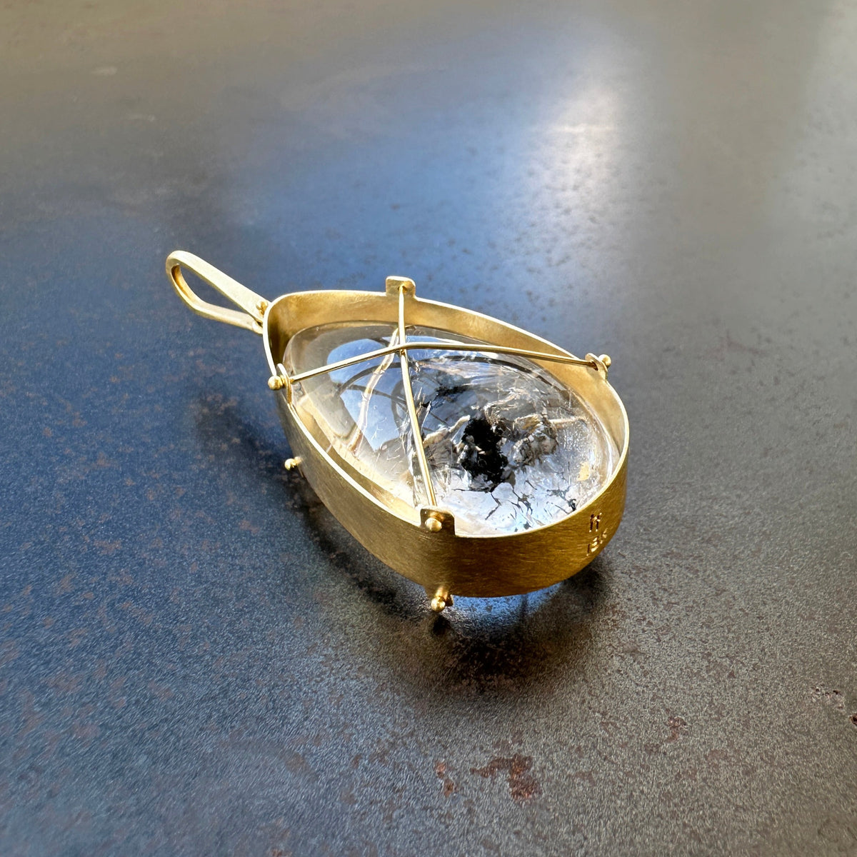 Captured Enhydro Quartz Teardrop Pendant