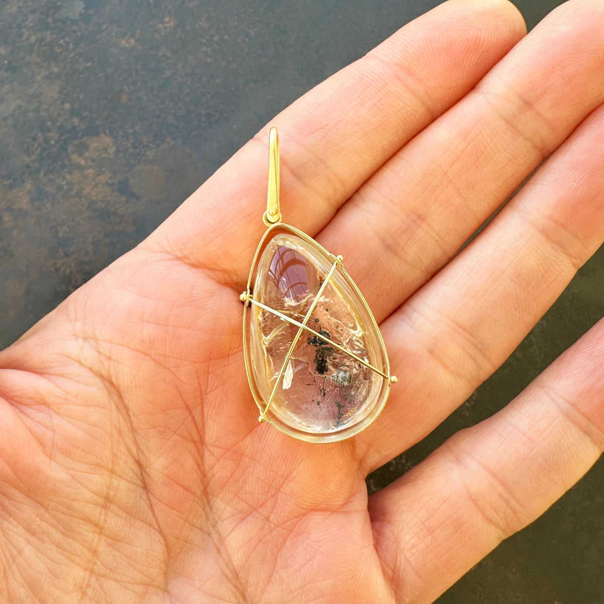 Captured Enhydro Quartz Teardrop Pendant