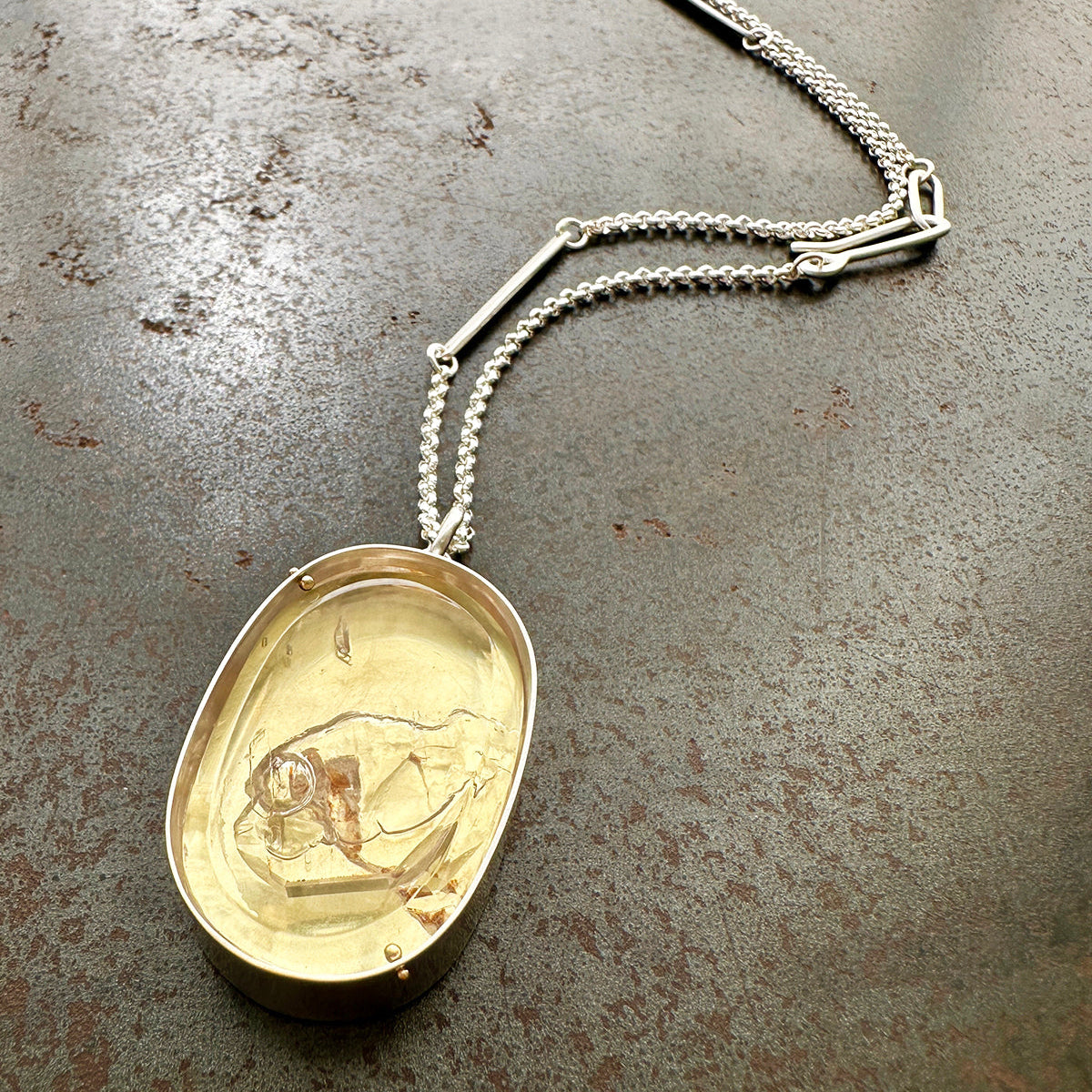 enhydro quartz 18k bimetal necklace with 3 way silver rolo chain