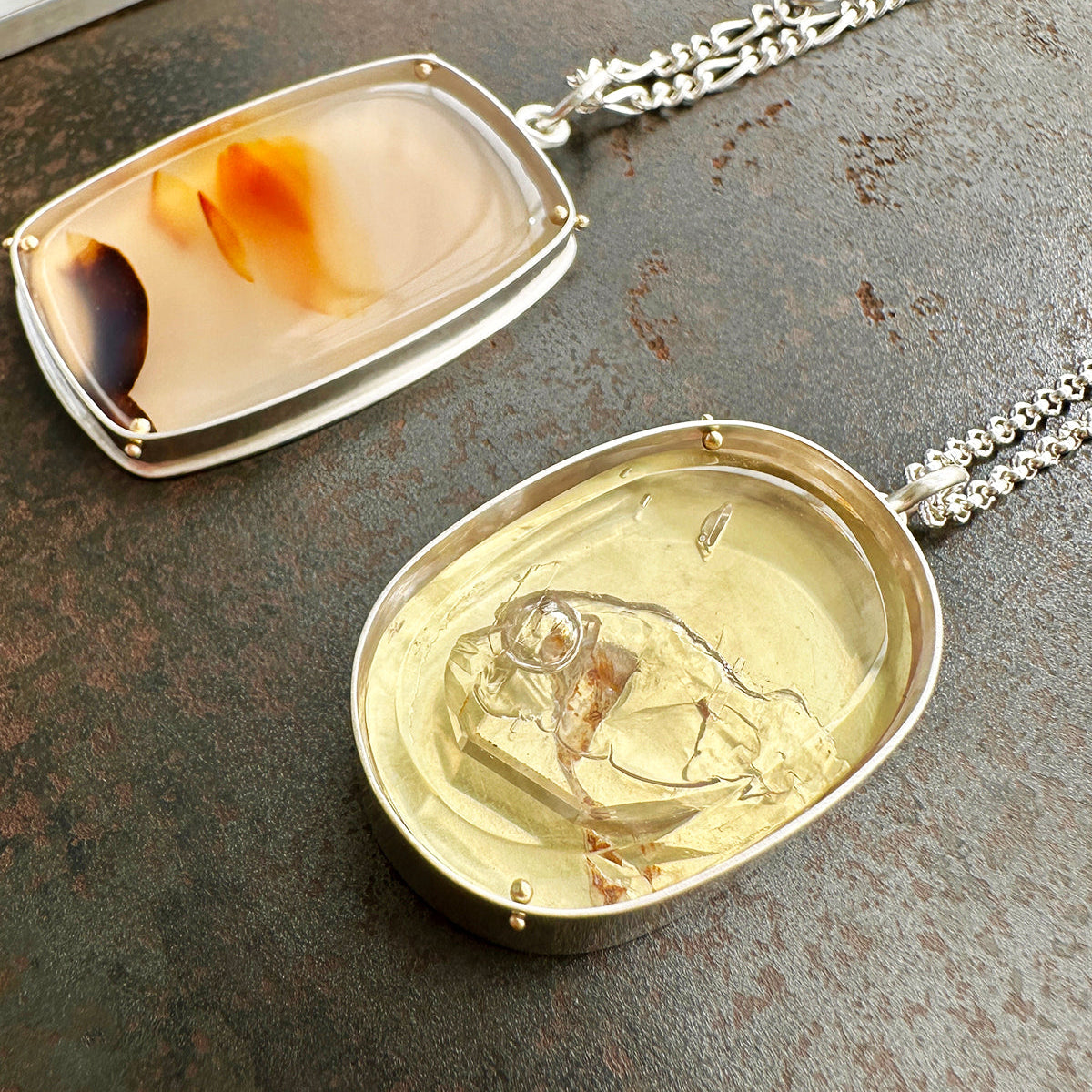 enhydro quartz 18k bimetal necklace with 3 way silver rolo chain