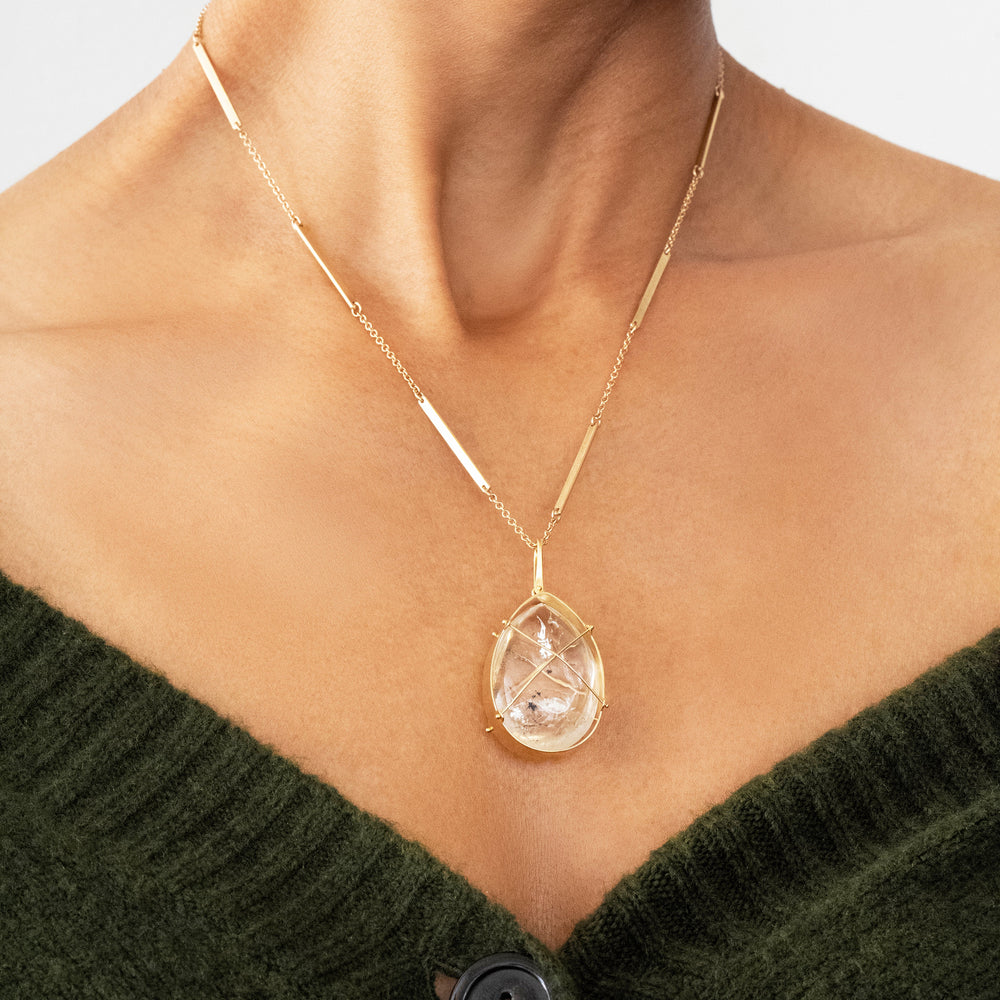 Captured Enhydro Quartz Teardrop Pendant