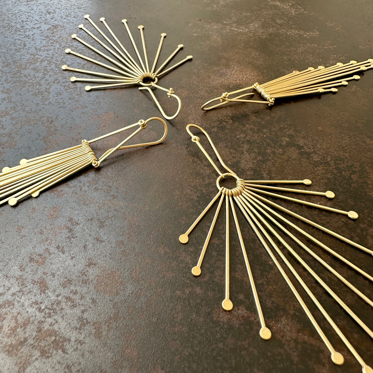 fringe earrings, 18k gold earrings, 18k gold jewelry, gold jewelry, hilary finck jewelry, handmade jewelry, statement jewelry, luxury jewelry.