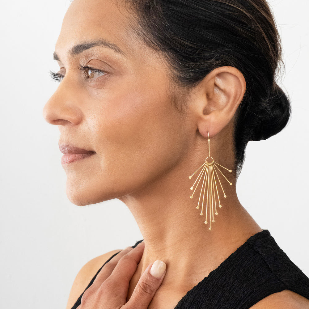 fringe earrings, 18k gold earrings, 18k gold jewelry, gold jewelry, hilary finck jewelry, handmade jewelry, statement jewelry, luxury jewelry.