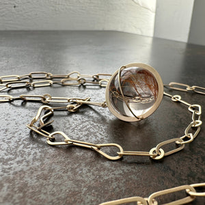 Captured Golden Rutilated Quartz Orb with Hand Hammered Mixed Links Chain