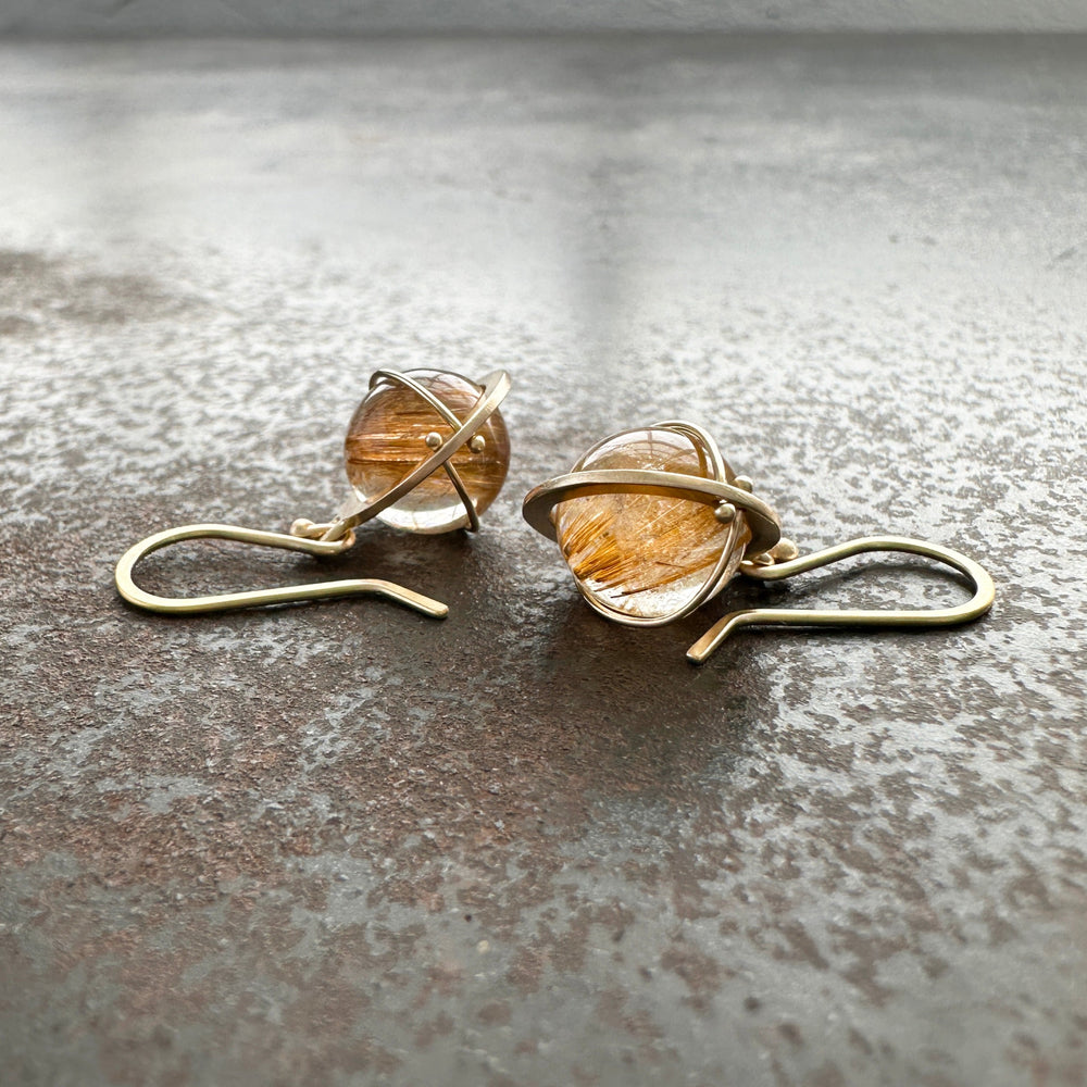 Captured Golden Rutilated Quartz Orb Drop Earrings