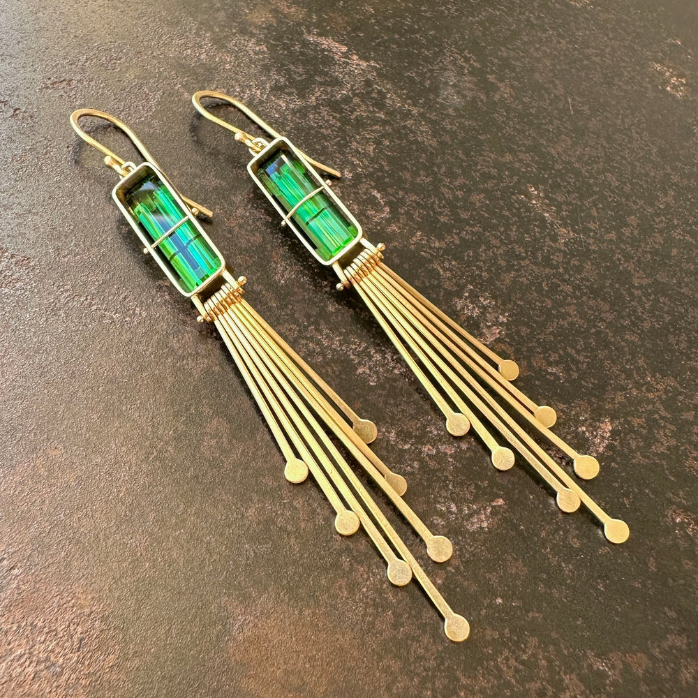 
                
                    Load image into Gallery viewer, Captured Green Tourmaline and Fringe Deco Earrings
                
            