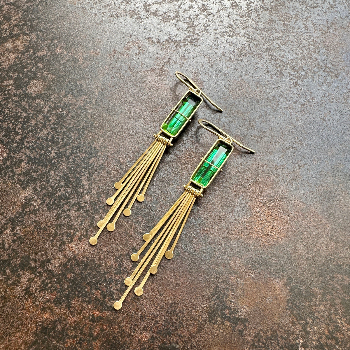 Captured Green Tourmaline and Fringe Deco Earrings
