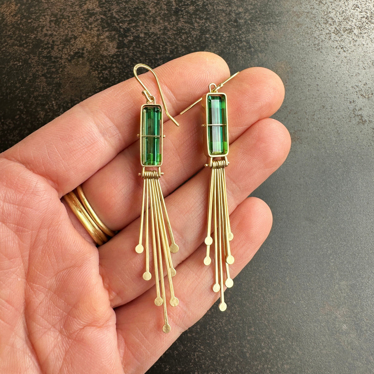 Captured Green Tourmaline and Fringe Deco Earrings
