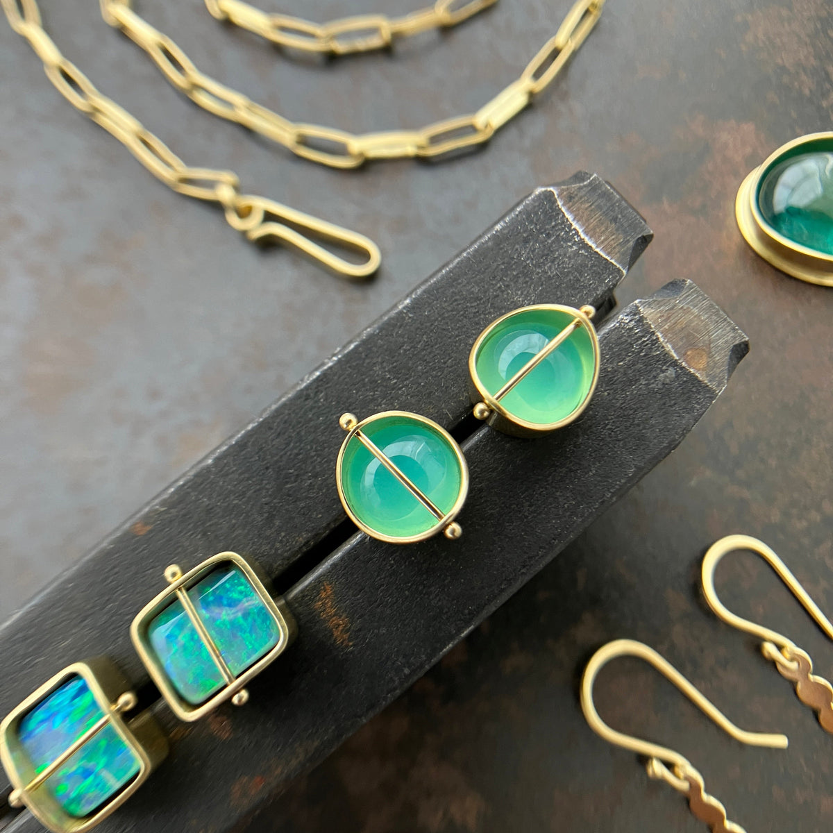 peruvian blue opal round studs in 18k gold