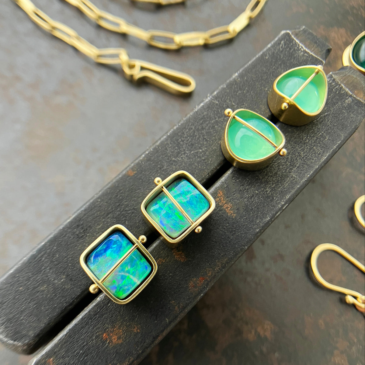 peruvian blue opal round studs in 18k gold