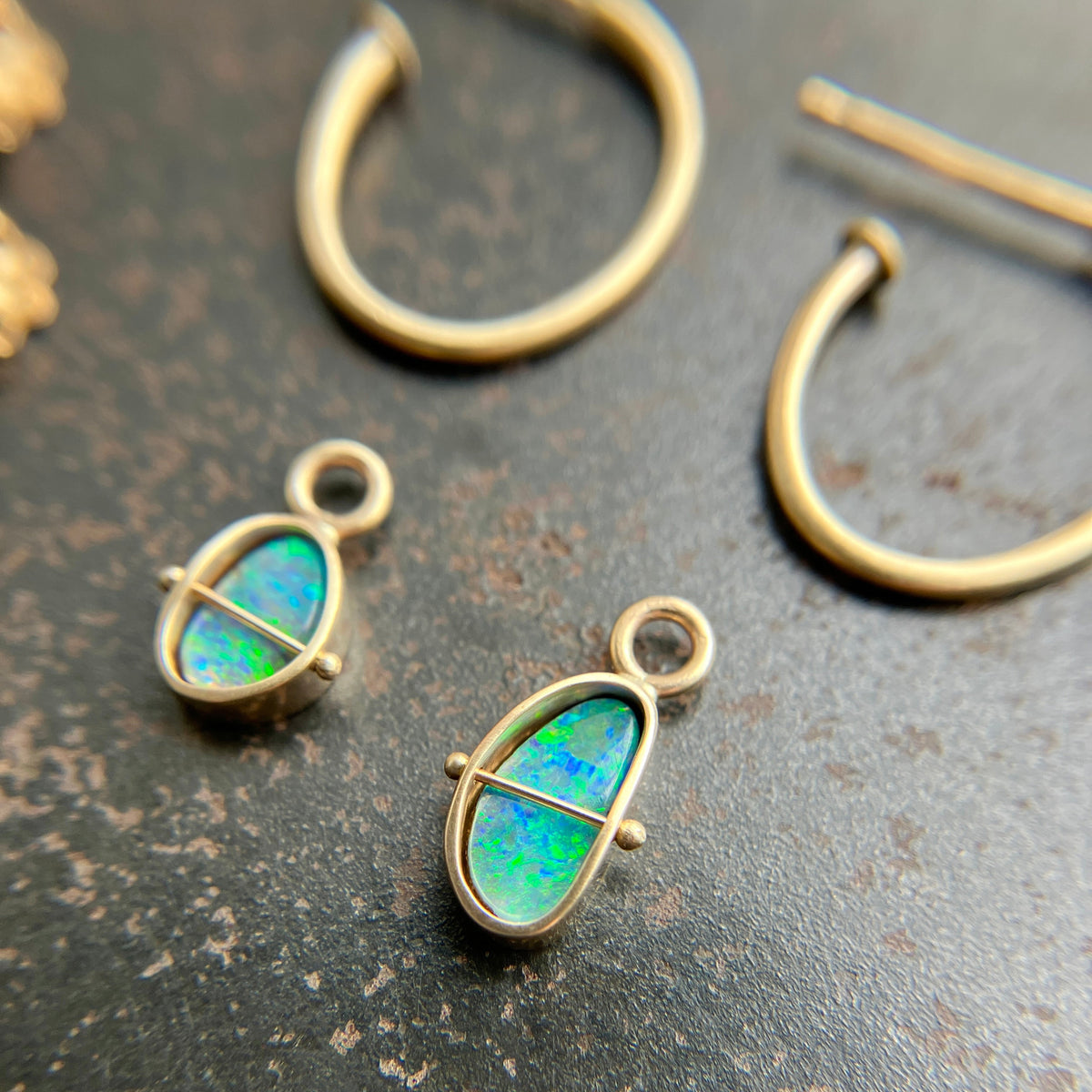 Golden Hoops with Blue & Green Boulder Opals Captured ® in 14k gold 