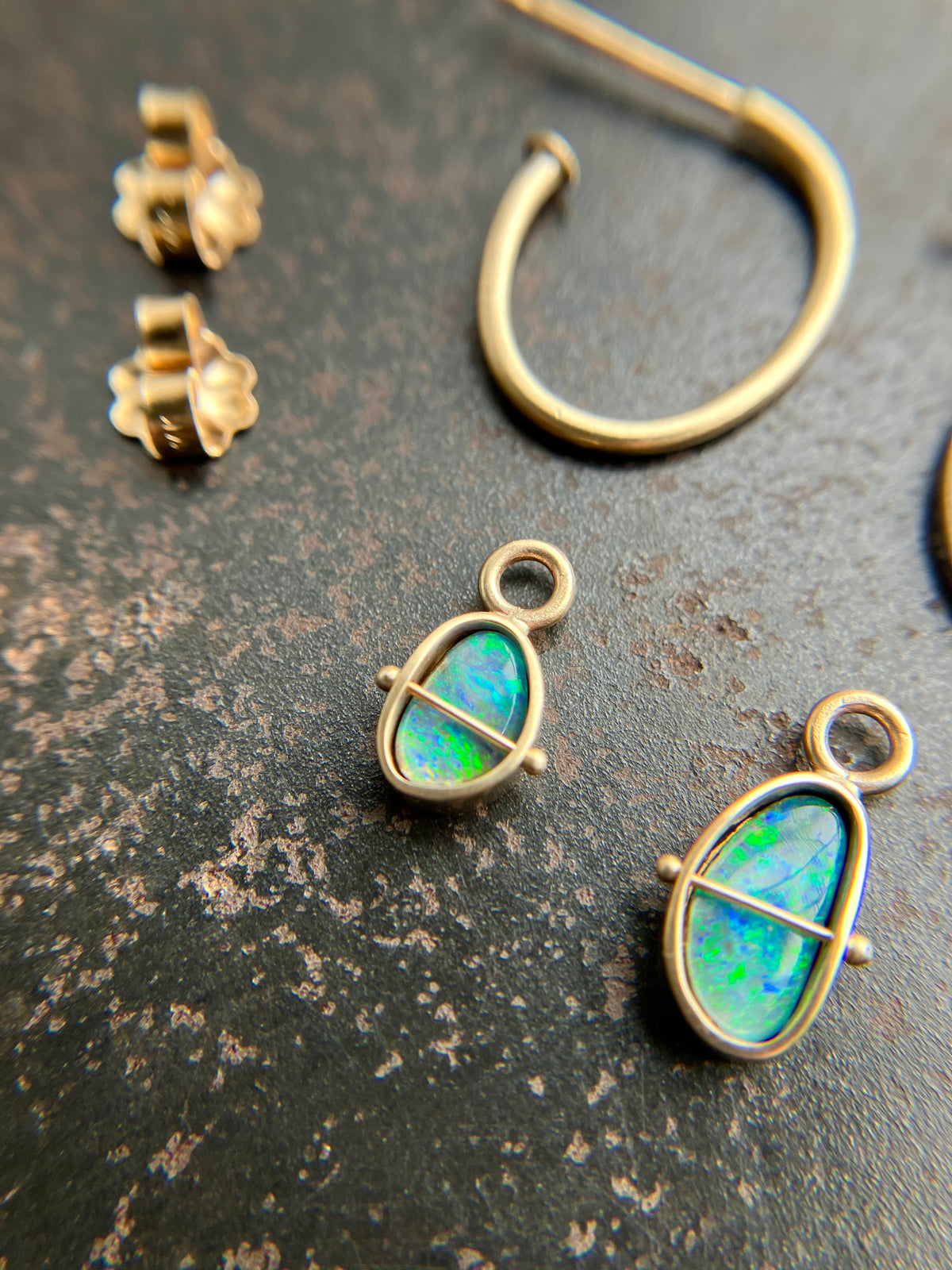 Golden Hoops with Blue &amp; Green Boulder Opals | Captured ® in 14k gold 