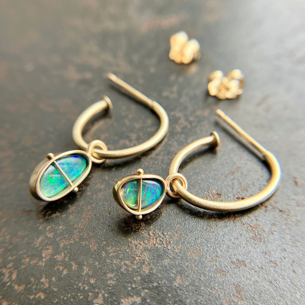 Golden Hoops with Blue & Green Boulder Opals | Captured ® in 14k gold 