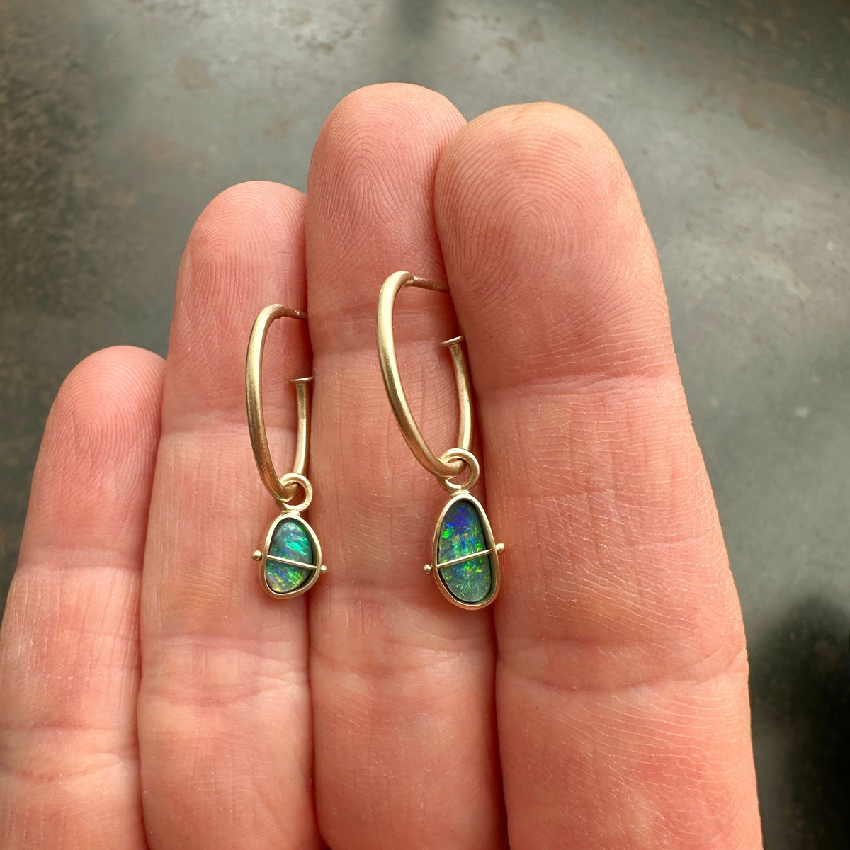 Golden Hoops with Blue & Green Boulder Opals | Captured ® in 14k gold 