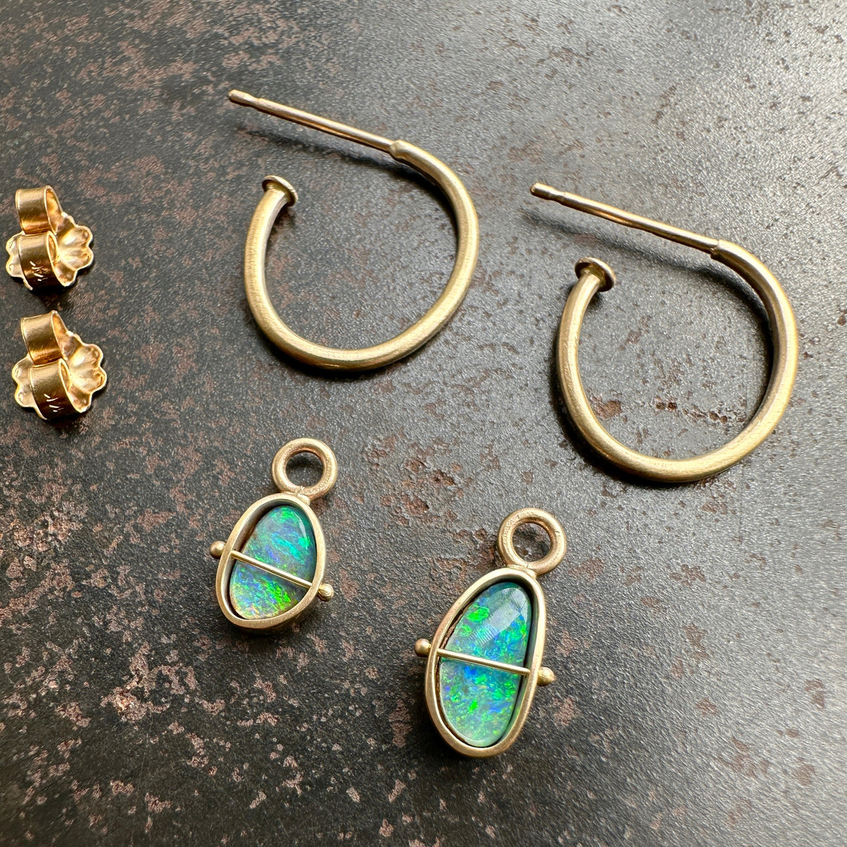 Golden Hoops with Blue &amp; Green Boulder Opals | Captured ® in 14k gold 