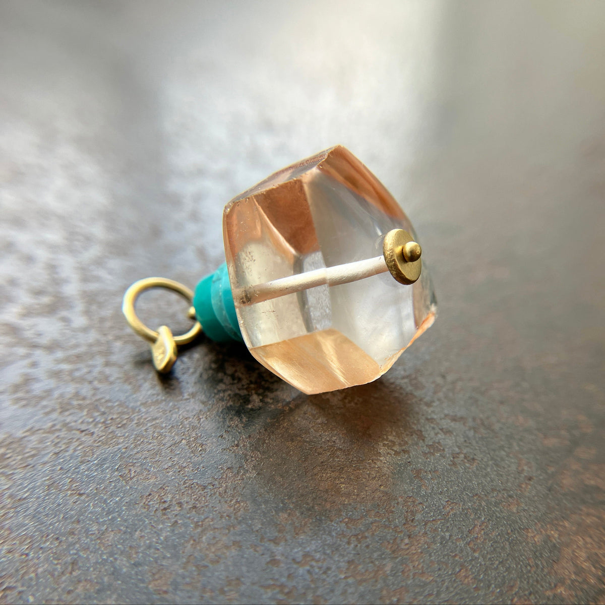 iron quartz geometric bead with turquoise bead pendant in 18k gold