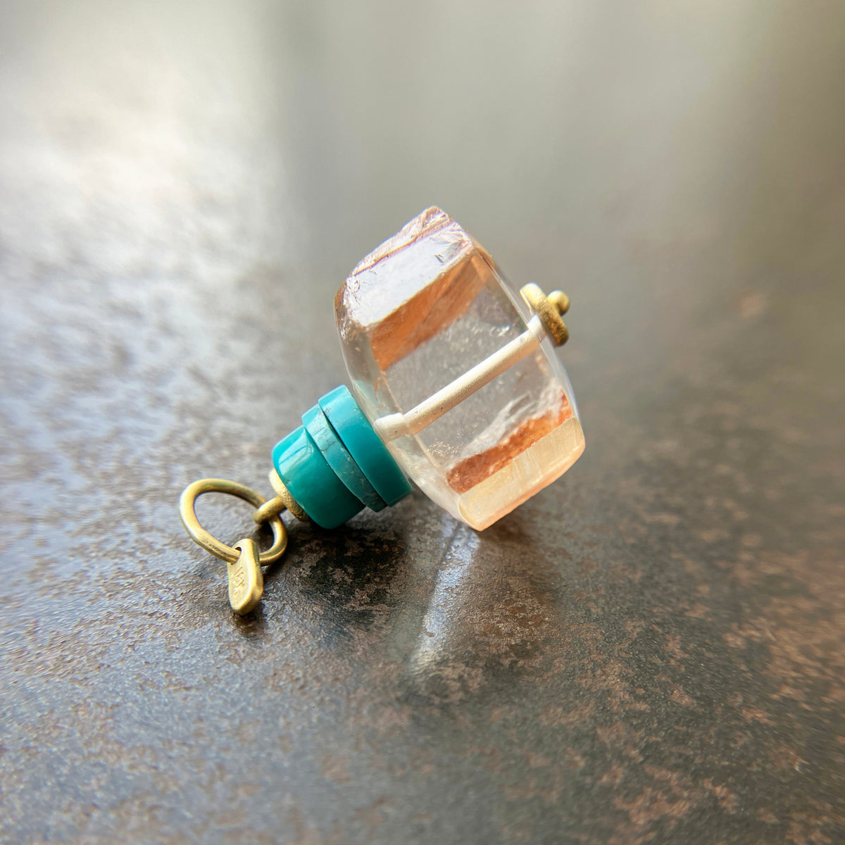 iron quartz geometric bead with turquoise bead pendant in 18k gold
