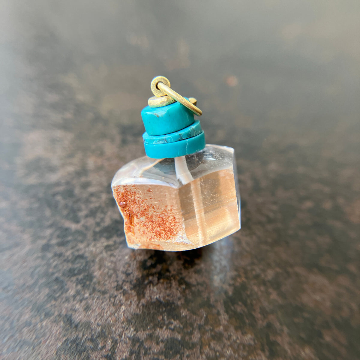 iron quartz geometric bead with turquoise bead pendant in 18k gold