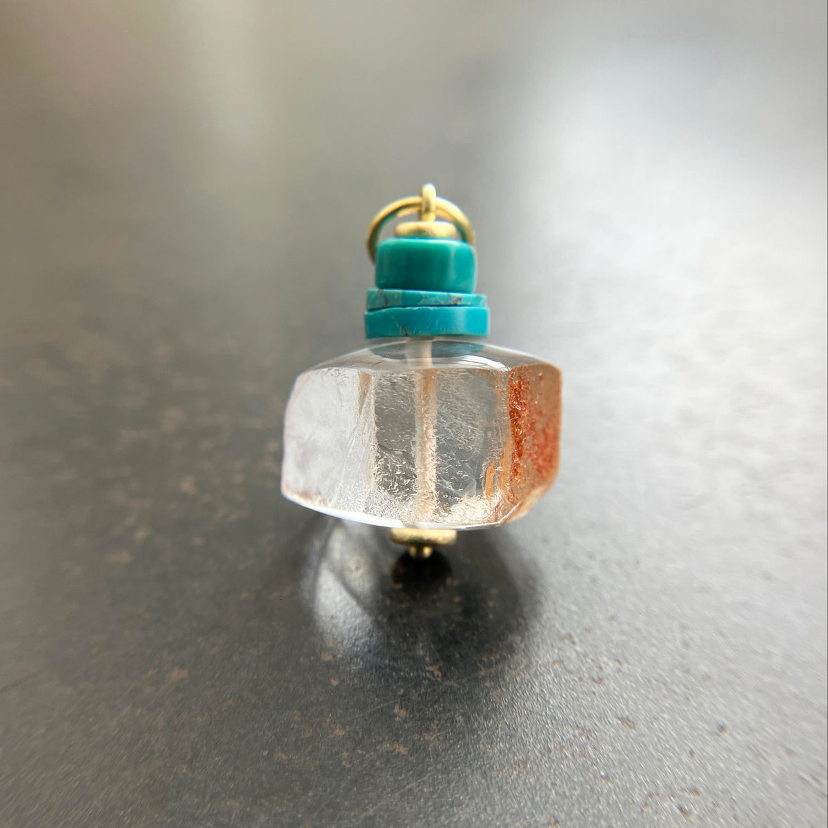 iron quartz geometric bead with turquoise bead pendant in 18k gold