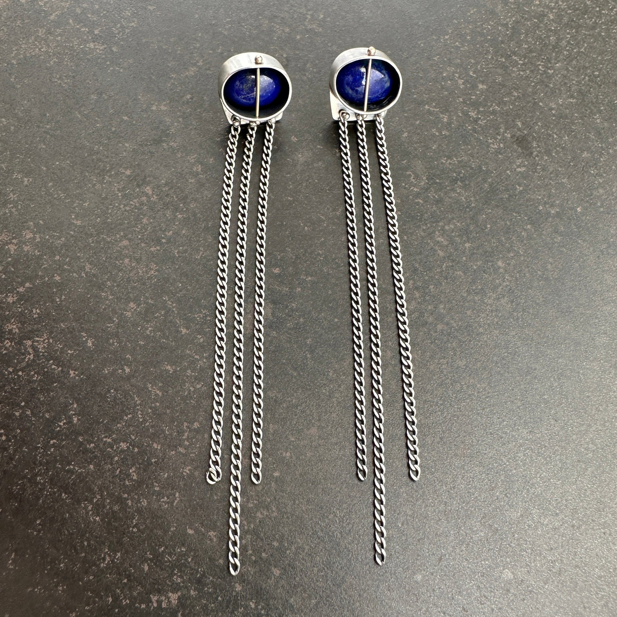 silver lapis lazuli earrings with silver chains dangling