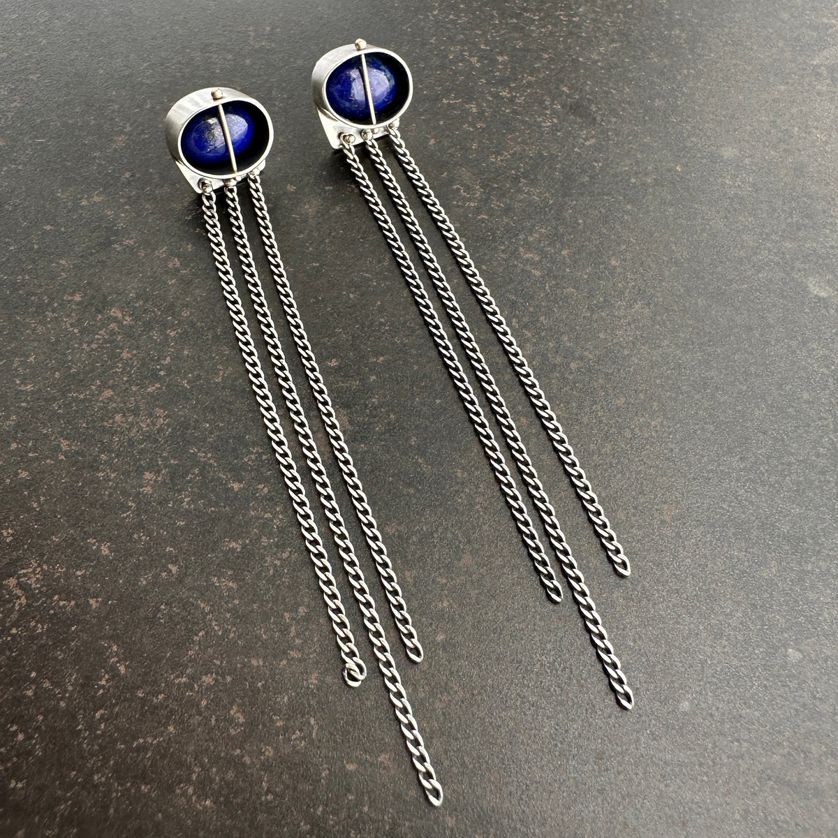 silver lapis lazuli earrings with silver chains dangling