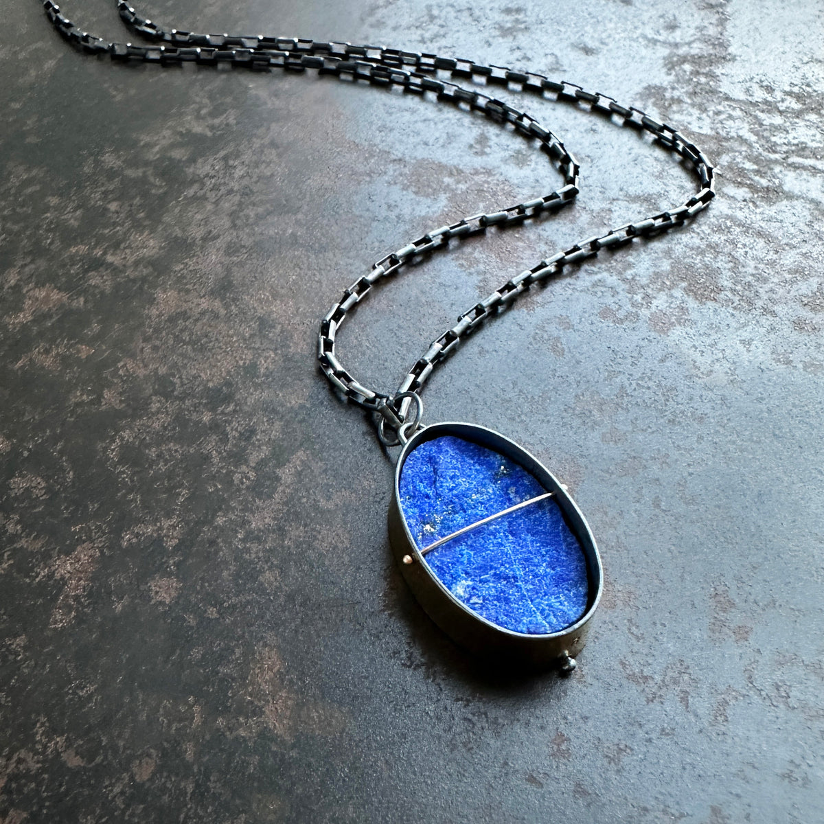 lapis lazuli necklace, 18k bimetal, sterling silver, handmade jewelry, hilary finck jewelry, something blue
