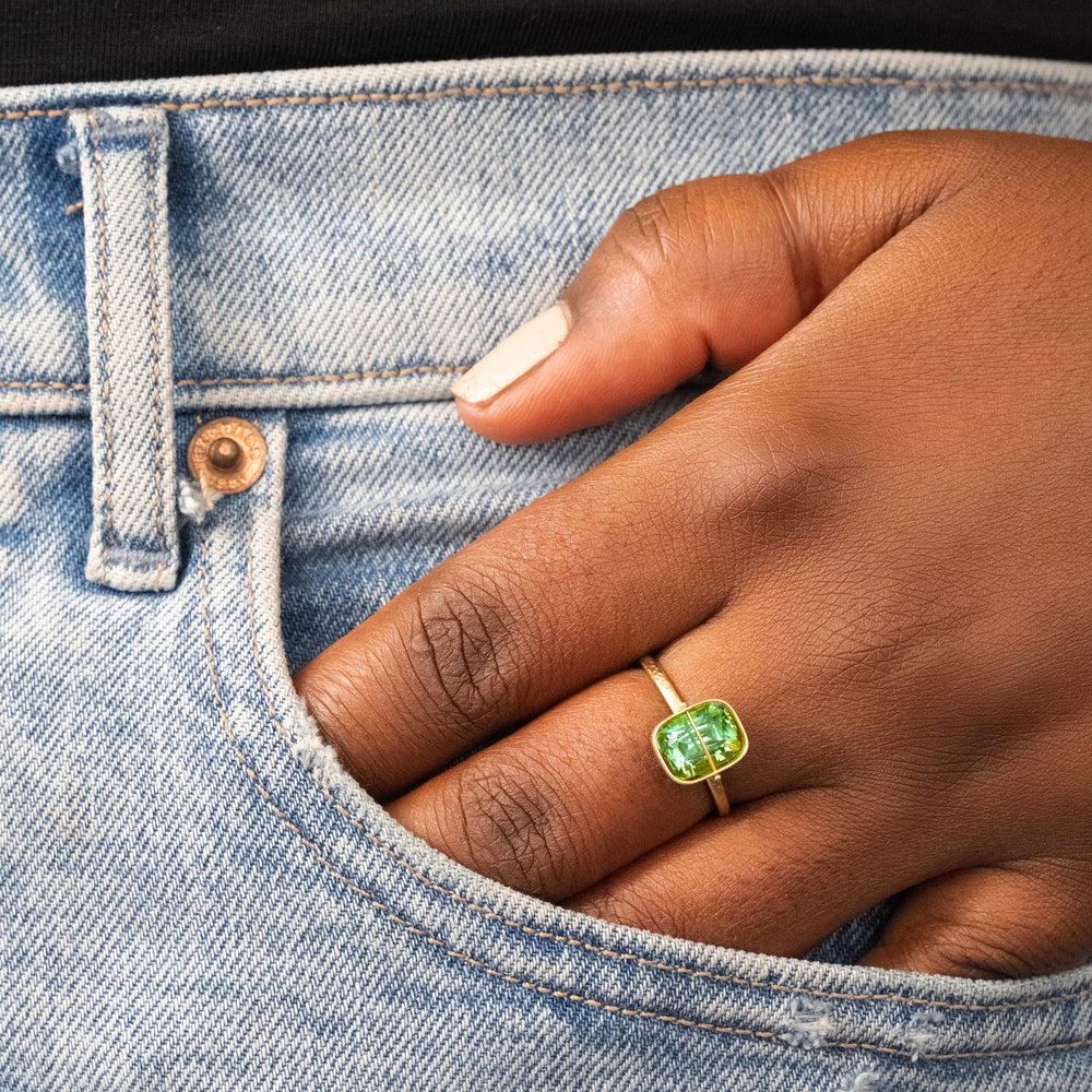 green tourmaline ring, 18k gold ring, one of a kind ring, hilary finck jewelry, cocktail ring, fine jewelry, unique jewelry, statement ring, captured collection, alternative bridal.
