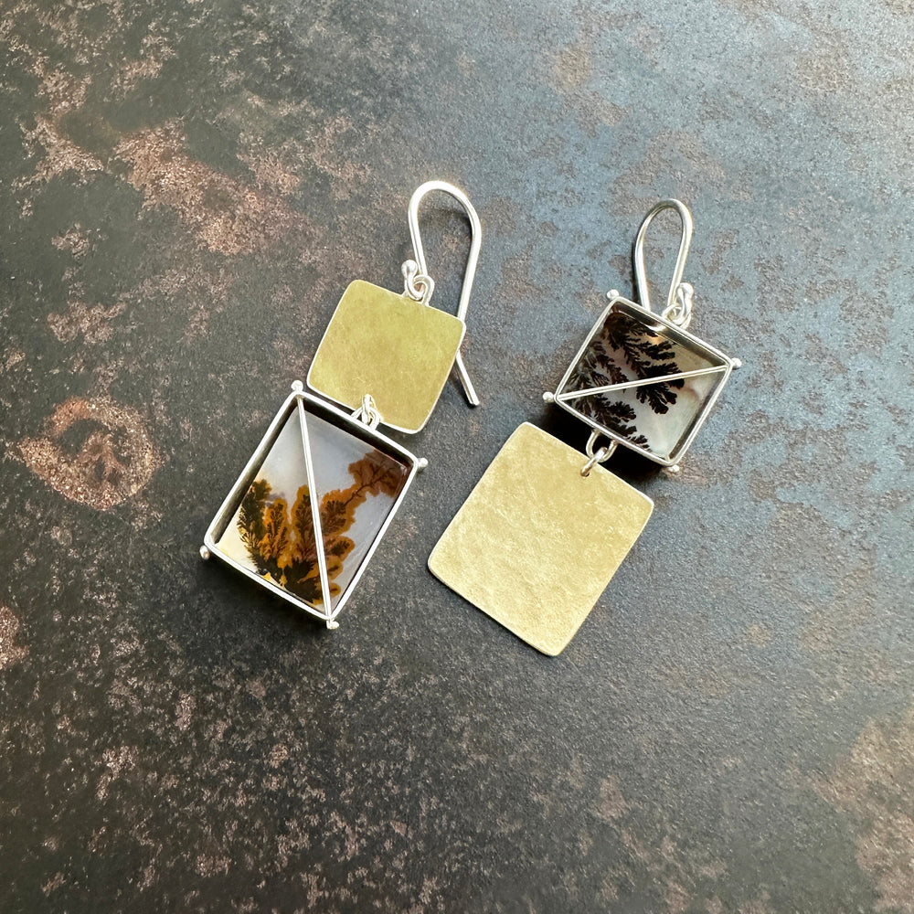 dendritic agate, 18k gold silver bimetal, earrings, hilary finck jewelry, one of a kind