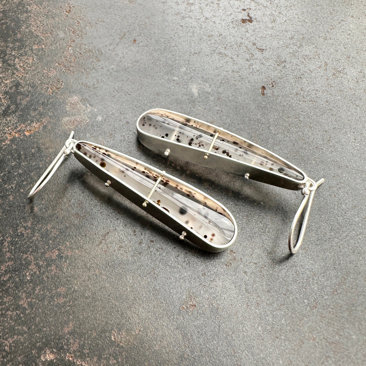 montana agate drop earrings in a silver setting