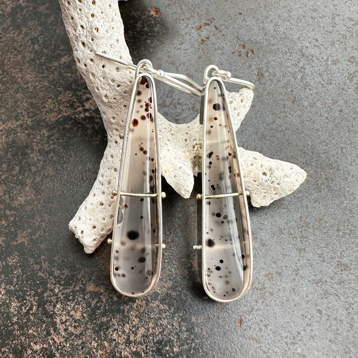 montana agate drop earrings in a silver setting