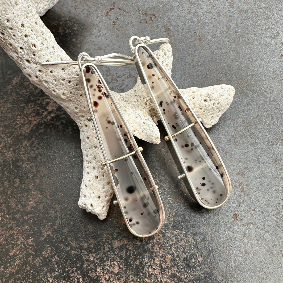 montana agate drop earrings in a silver setting
