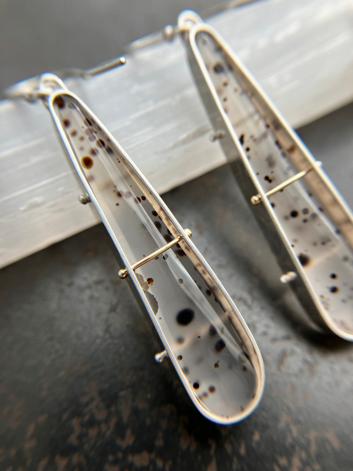montana agate drop earrings in a silver setting