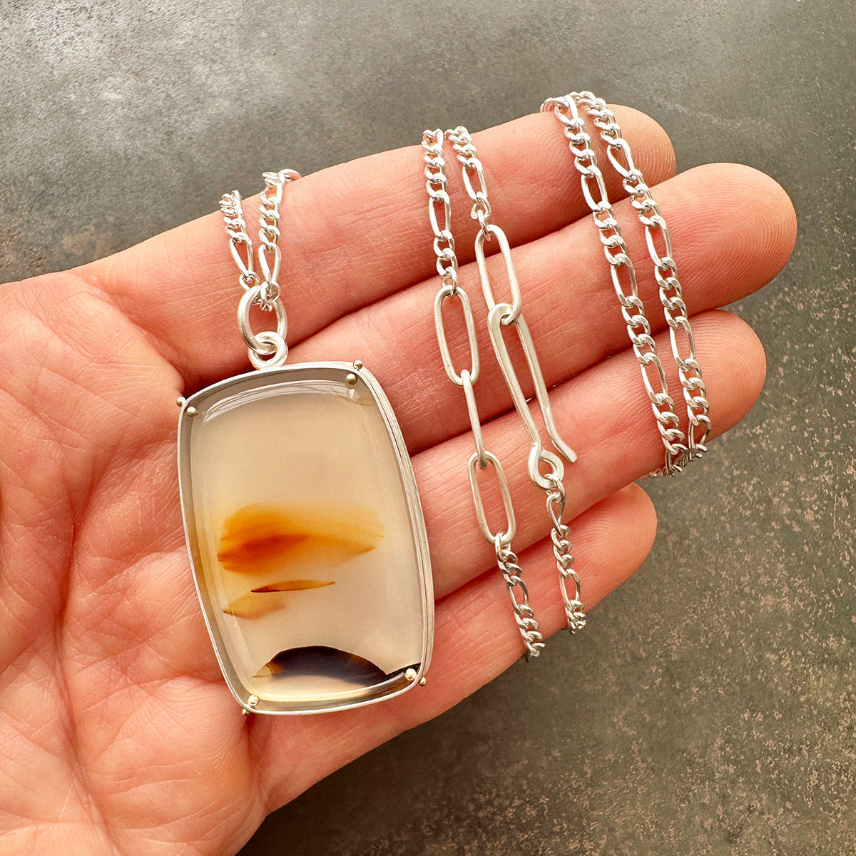 montana agate necklace with silver figaro chain