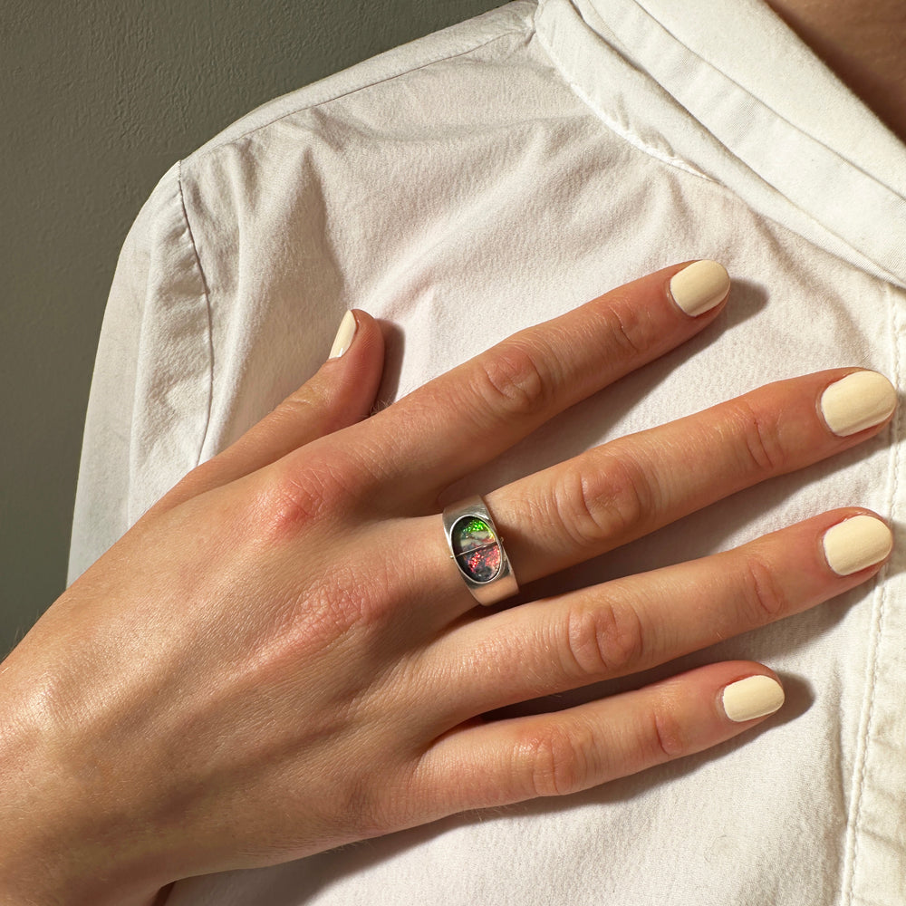 boulder opal ring, sterling silver ring, hilary finck jewelry, one of a kind jewelry, statement ring, signet ring, captured collection