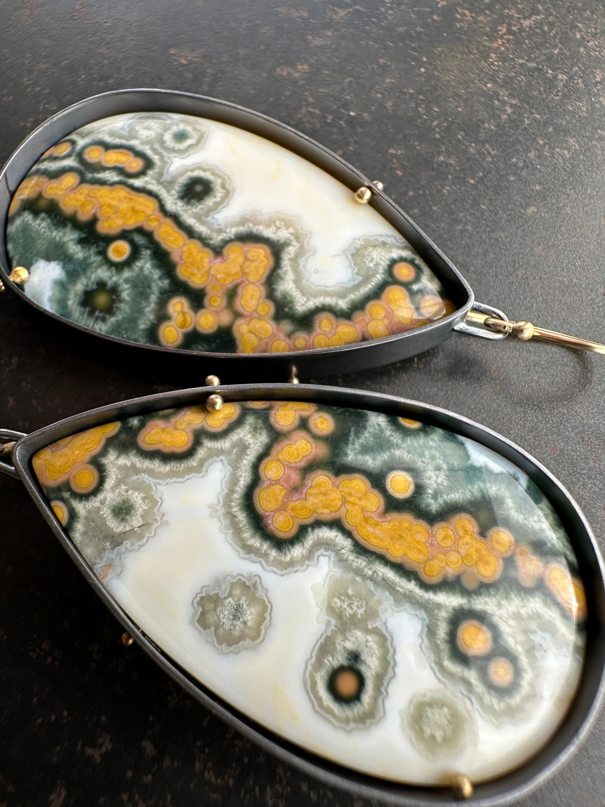 Teardrop Ocean Jasper Statement Earrings Captured® in Oxidized Silver & 18k Gold