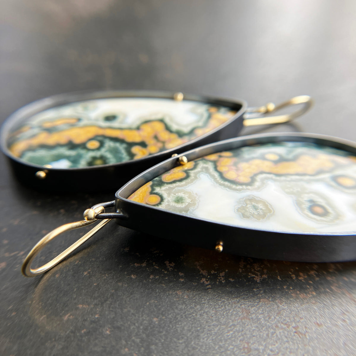 Teardrop Ocean Jasper Statement Earrings Captured® in Oxidized Silver & 18k Gold