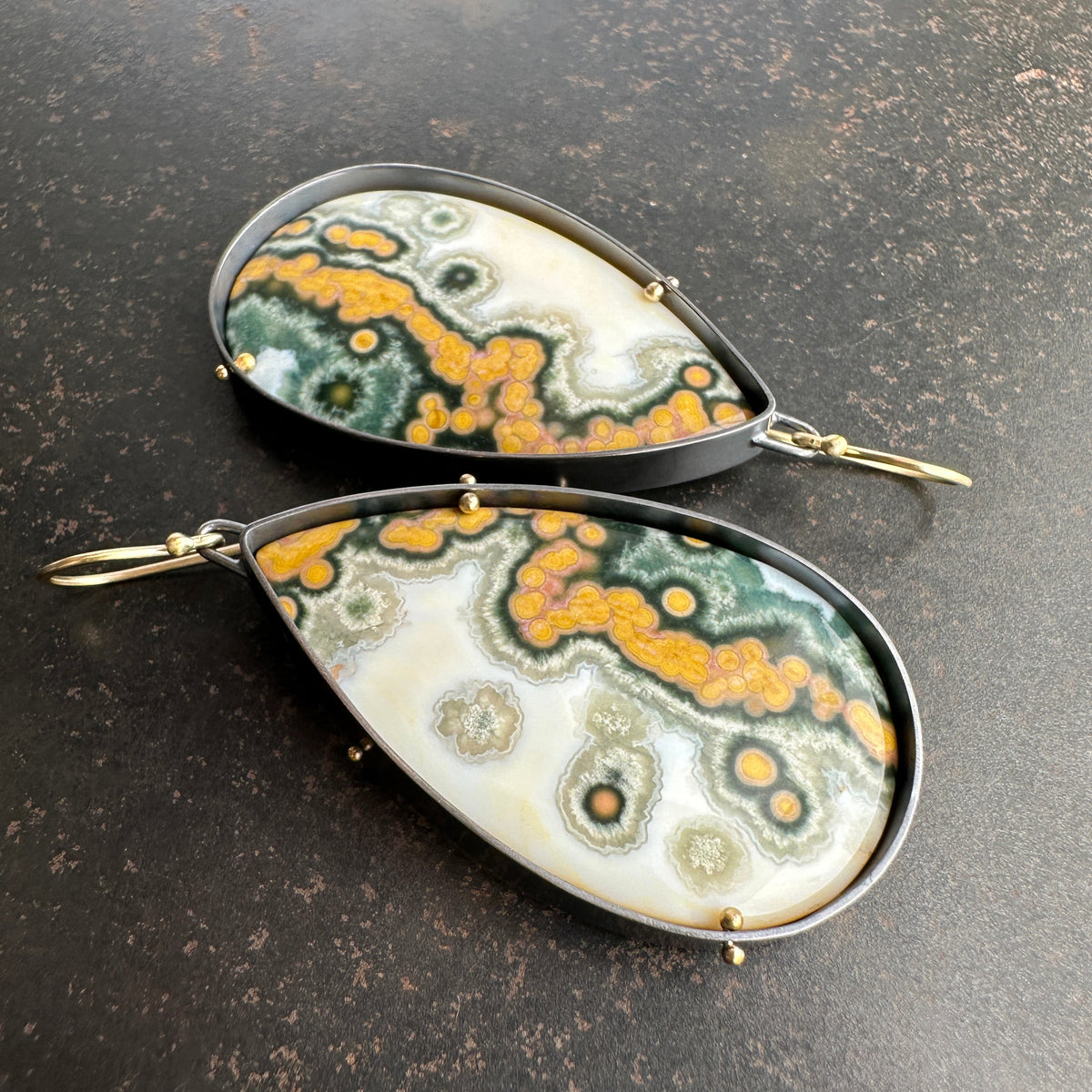 Teardrop Ocean Jasper Statement Earrings Captured® in Oxidized Silver & 18k Gold