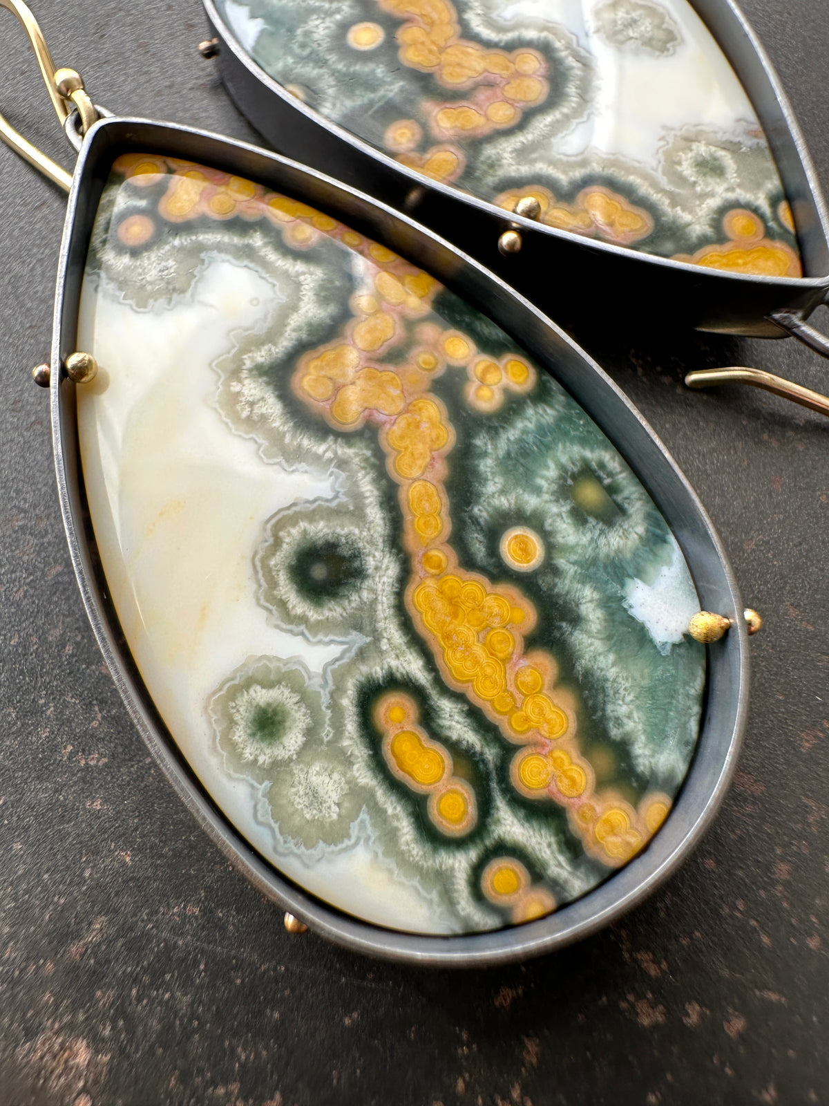 Teardrop Ocean Jasper Statement Earrings Captured® in Oxidized Silver &amp; 18k Gold