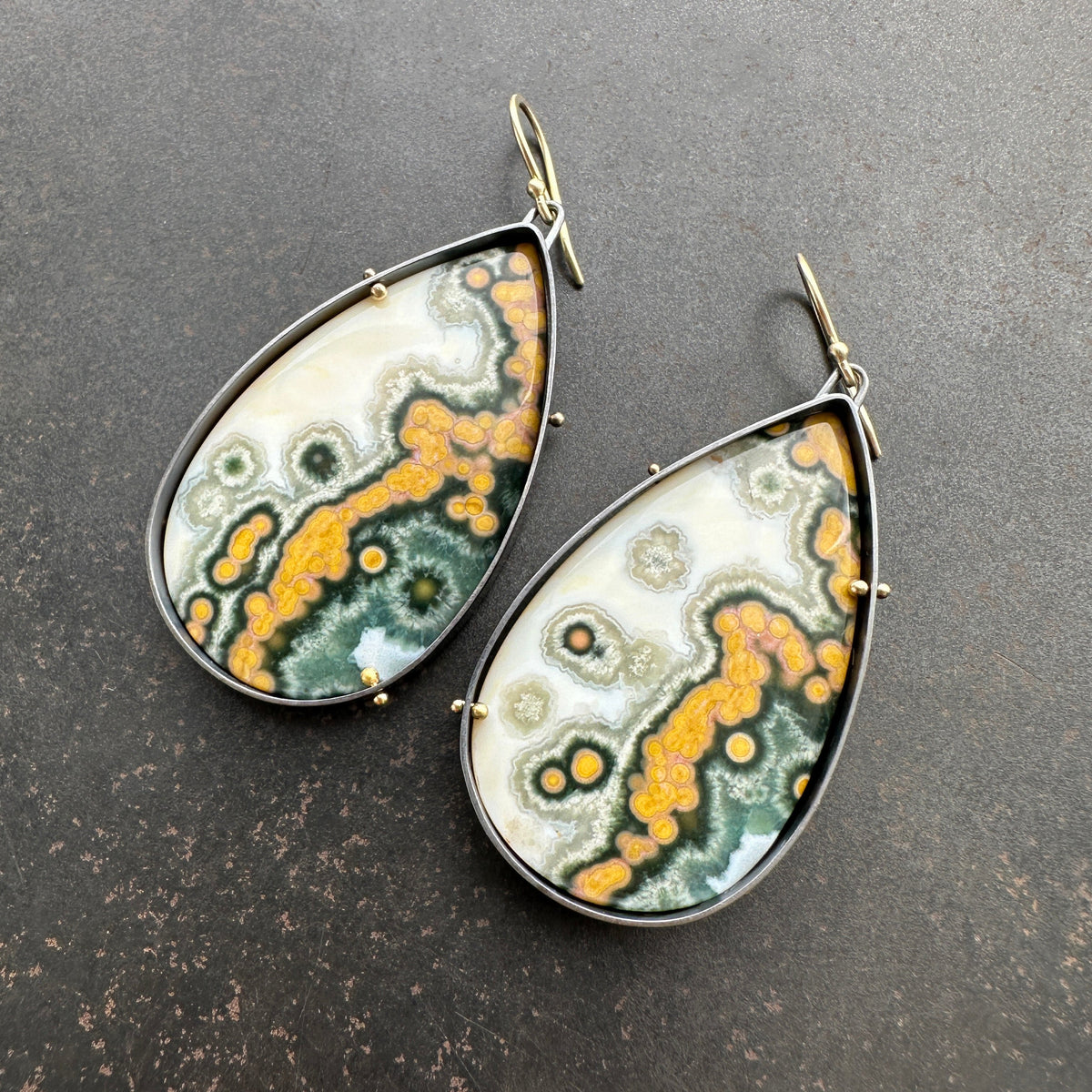 Teardrop Ocean Jasper Statement Earrings Captured® in Oxidized Silver &amp; 18k Gold