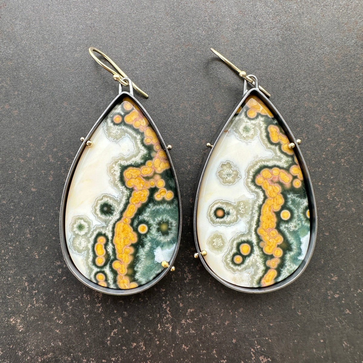 Teardrop Ocean Jasper Statement Earrings Captured® in Oxidized Silver & 18k Gold