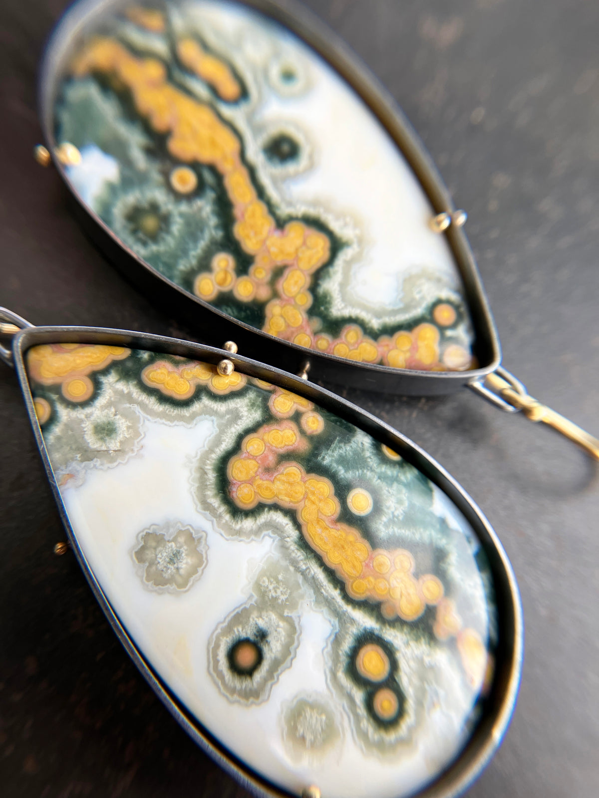 Teardrop Ocean Jasper Statement Earrings Captured® in Oxidized Silver &amp; 18k Gold