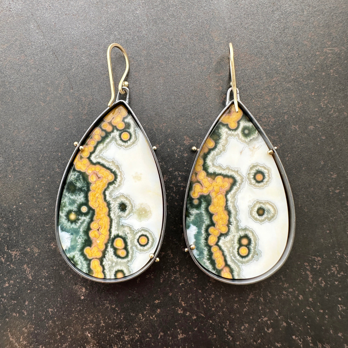 Teardrop Ocean Jasper Statement Earrings Captured® in Oxidized Silver &amp; 18k Gold