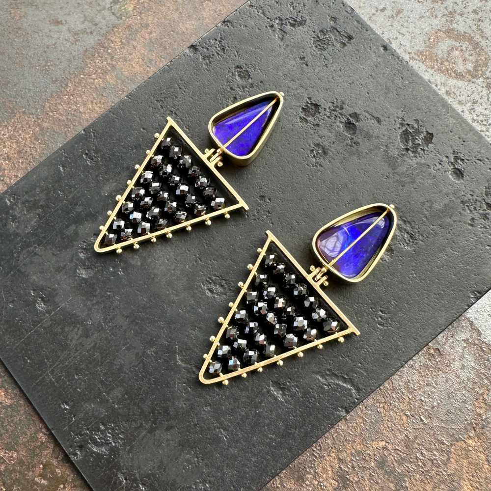 Boulder opal and black diamond triangle earrings