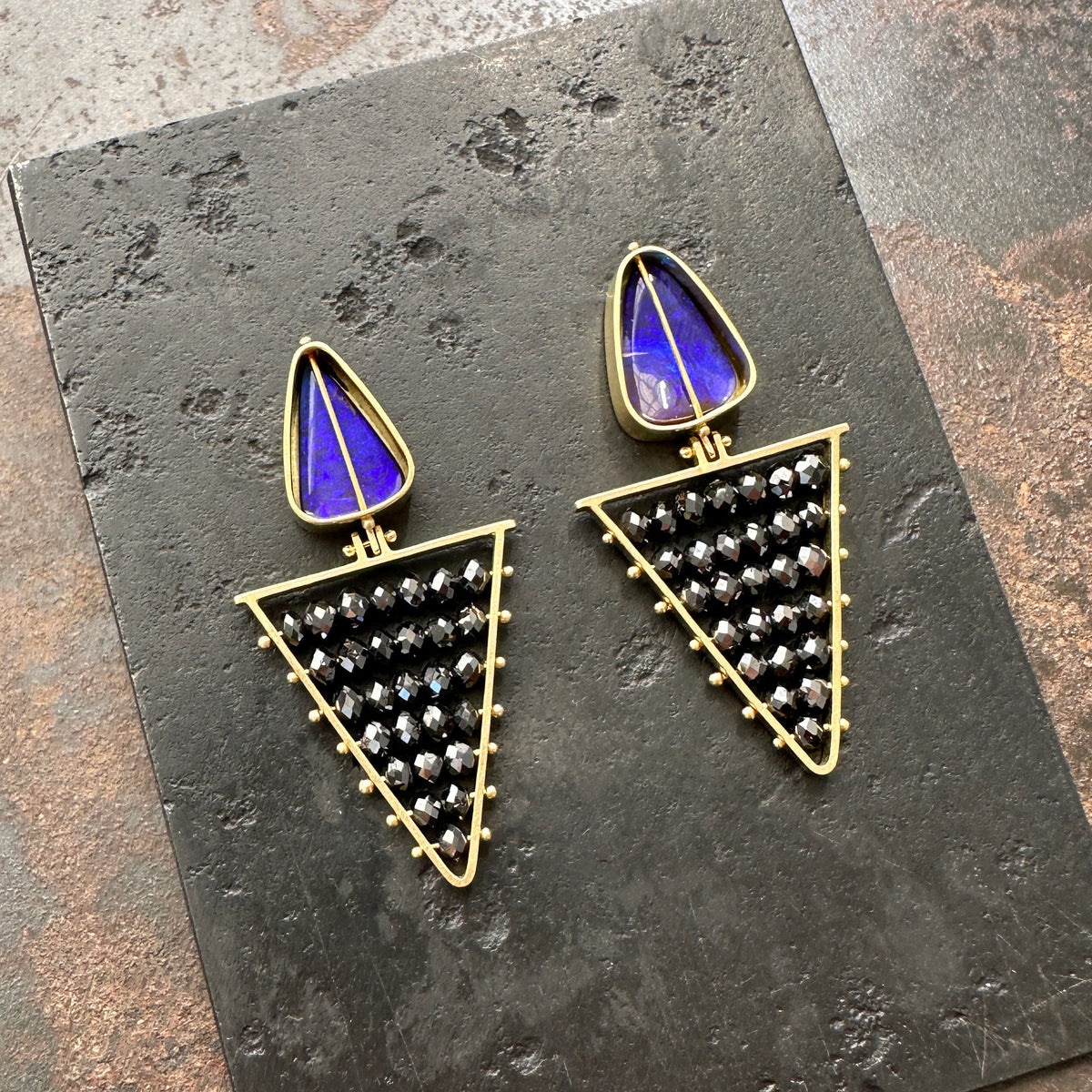 blue boulder opals, black diamond beads, 18k gold, earrings, one of a kind earrings, hilary finck jewelry, statement earrings, fine jewelry, handmade jewelry.
