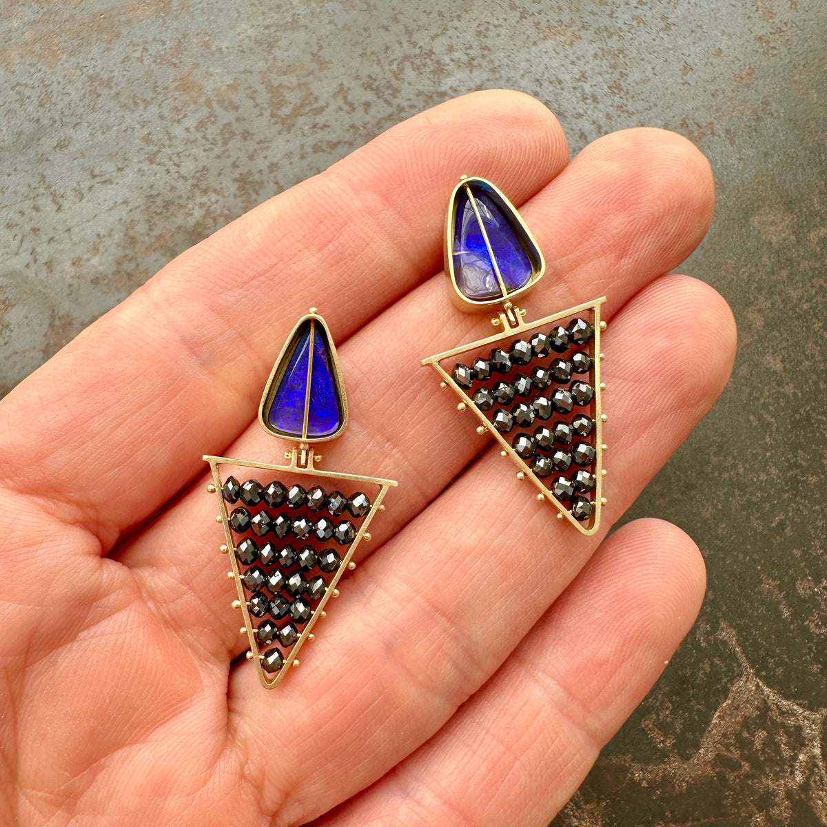 blue boulder opals, black diamond beads, 18k gold, earrings, one of a kind earrings, hilary finck jewelry, statement earrings, fine jewelry, handmade jewelry.