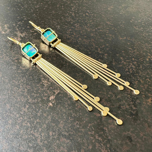 boulder opal earrings, 18k gold earrings, hilary finck jewelry, statement earrings, one of a kind earrings, fine jewelry, handmade jewelry, fringe earrings.